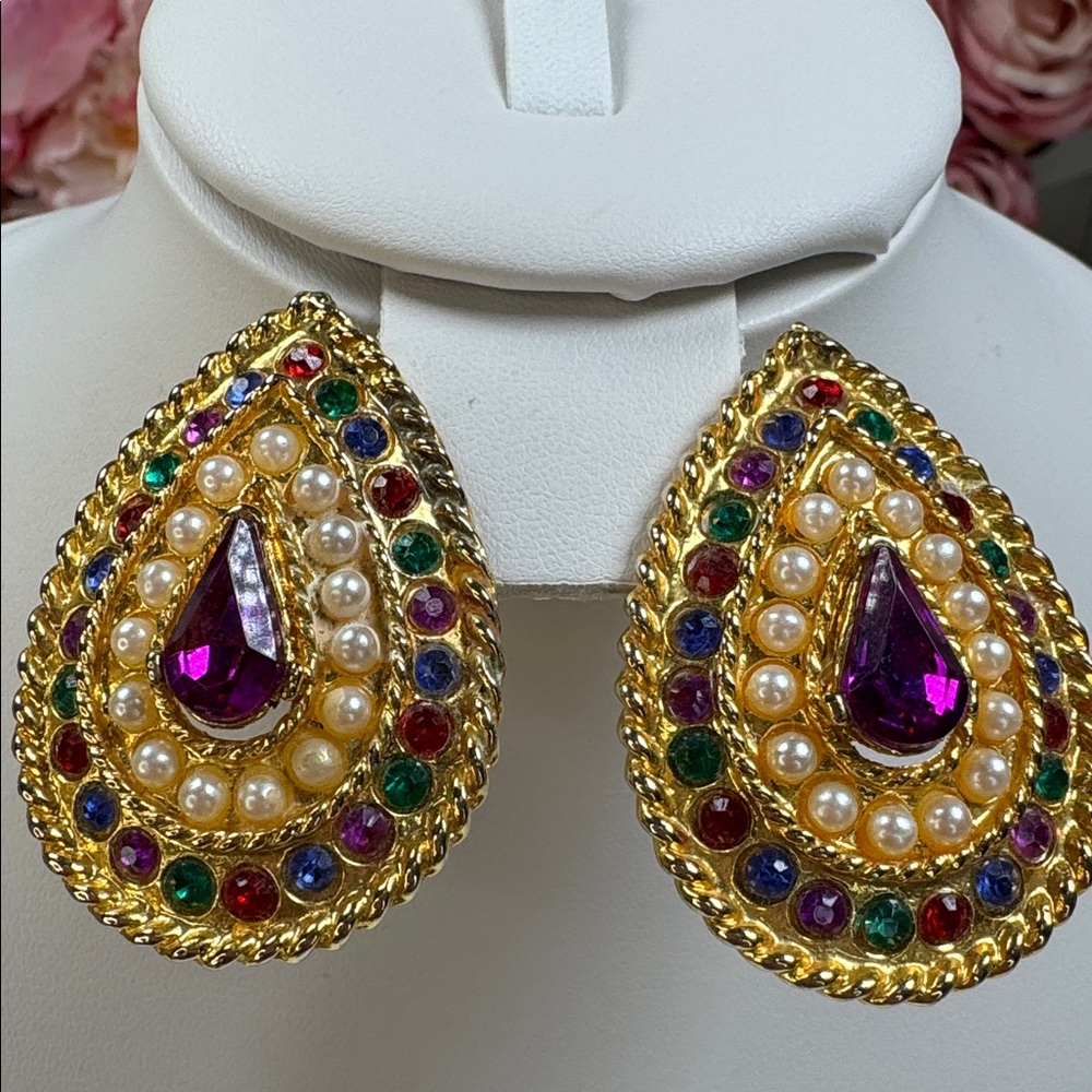 Vintage Gold and Purple Teardrop Earrings with Intricate Design